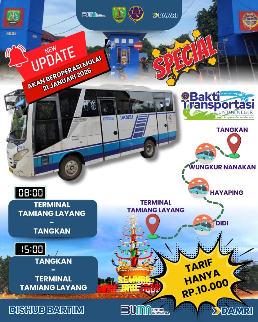 Mulai 21 Januari 2026, Dishub Bartim dan DAMRI Resmikan Trayek Bus Perintis Tamiang Layang–Tangkan