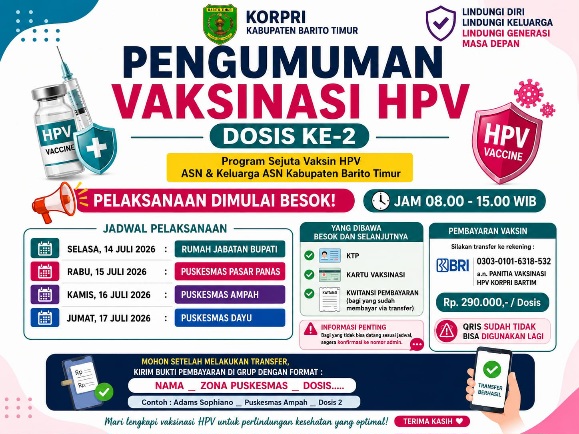 Besok Dimulai! Vaksinasi HPV Dosis Kedua bagi ASN dan Keluarga di Bartim, Simak Lokasi dan Alur Pendaftarannya